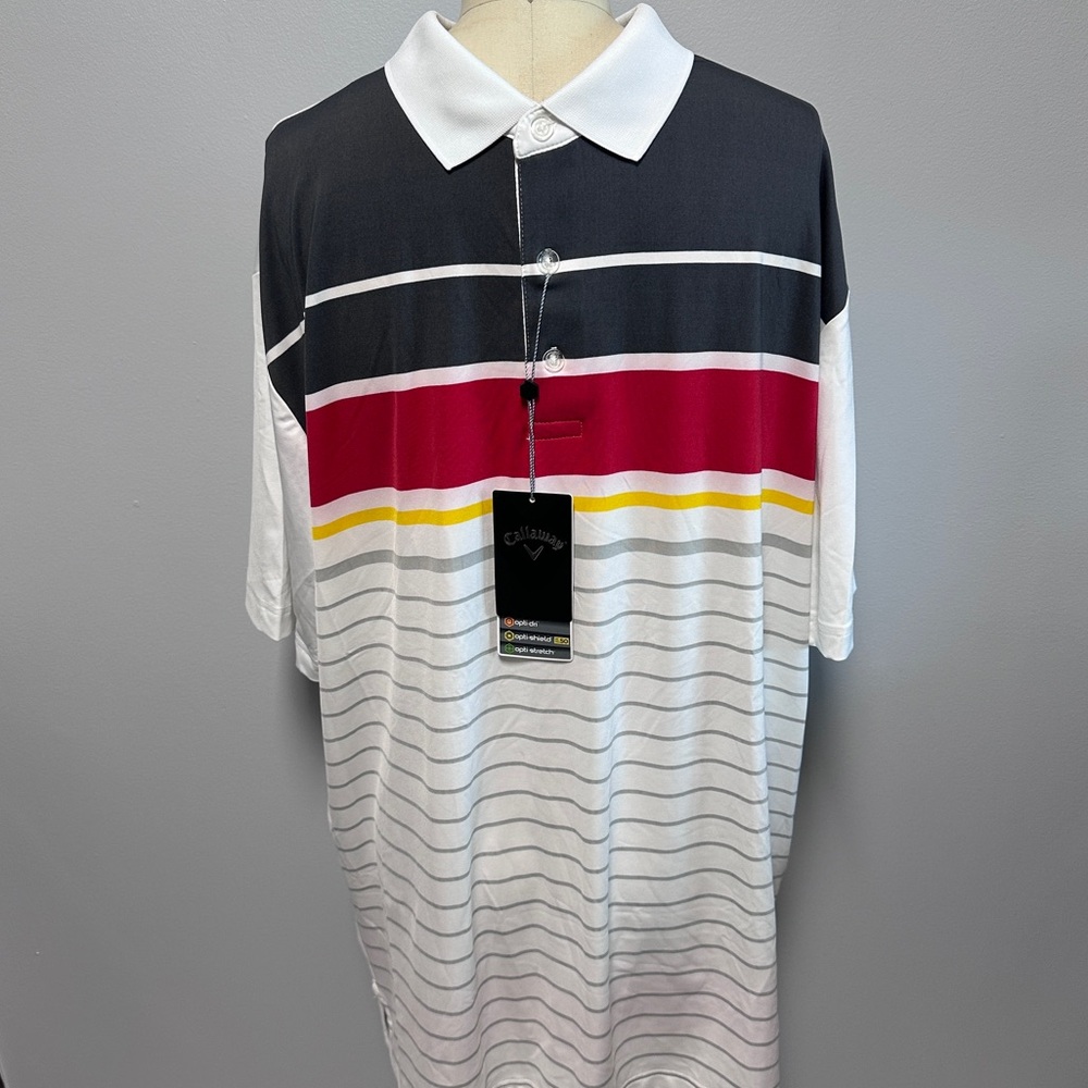 *NWT* Men's Callaway White Golf Polo with front Stripe design, Size L